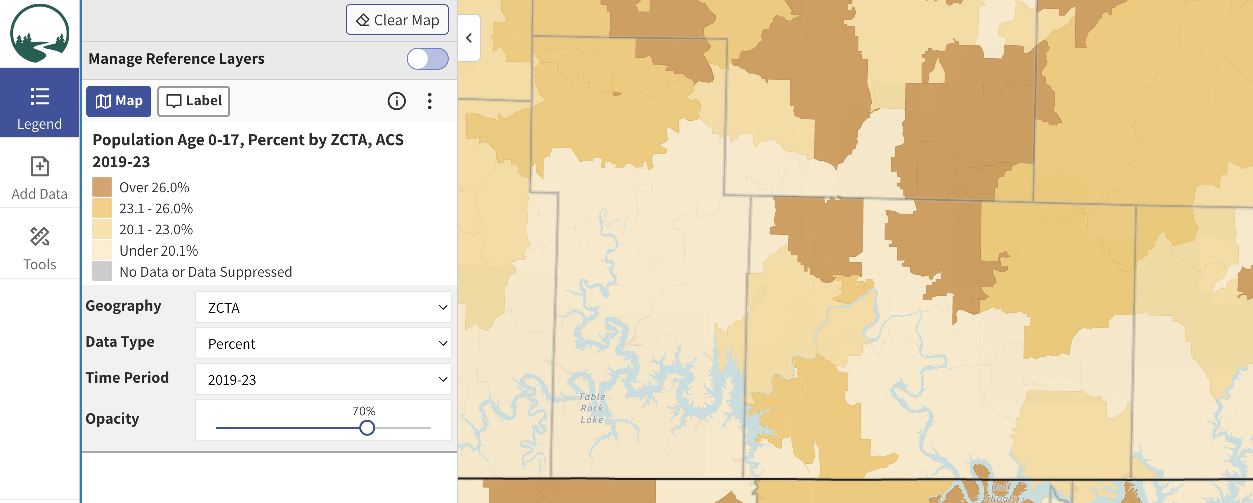 Map showing population between ages 0 and 17 in Stone and Taney counties